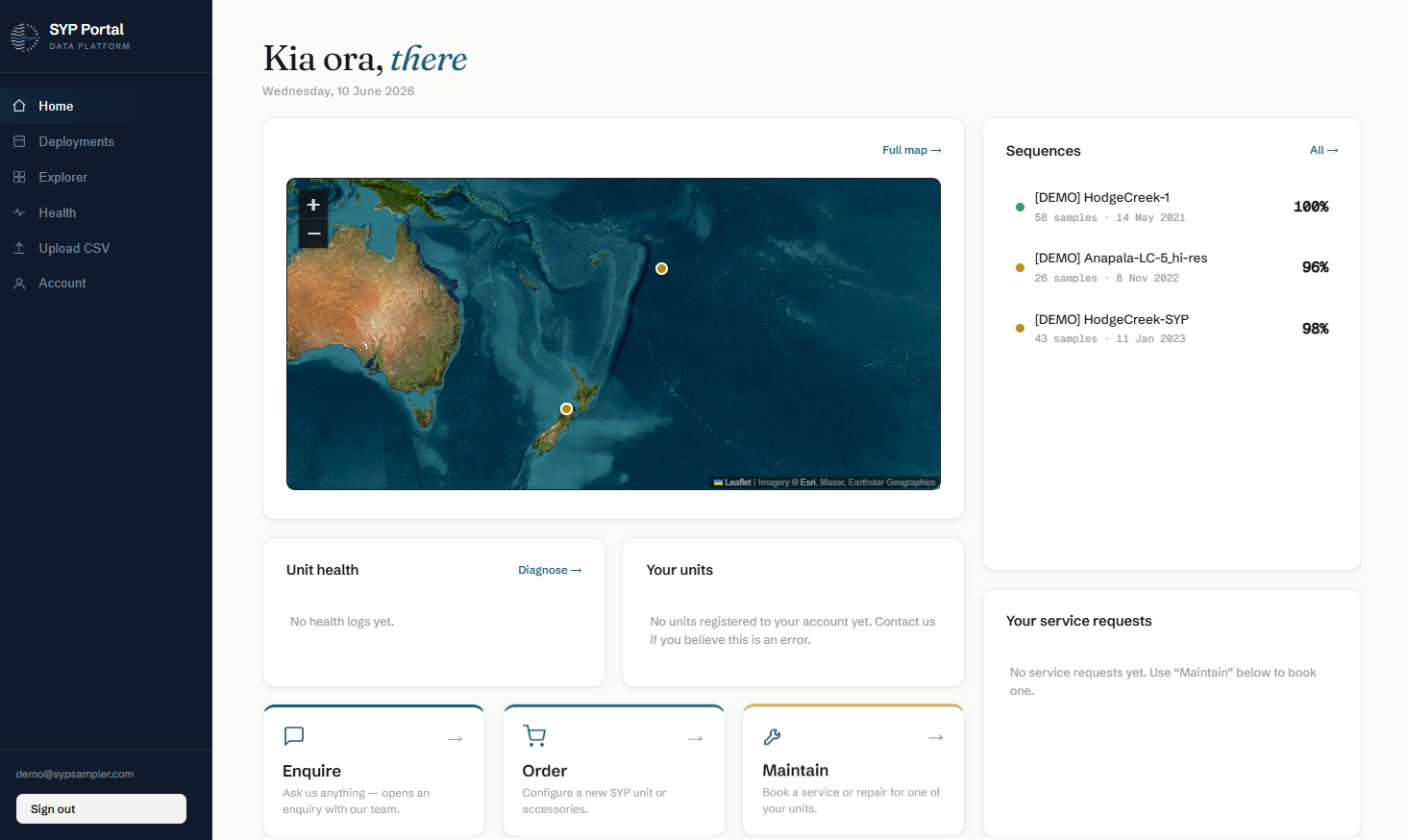 SYP Portal dashboard showing a deployment map, sequence completeness, unit health, and service requests