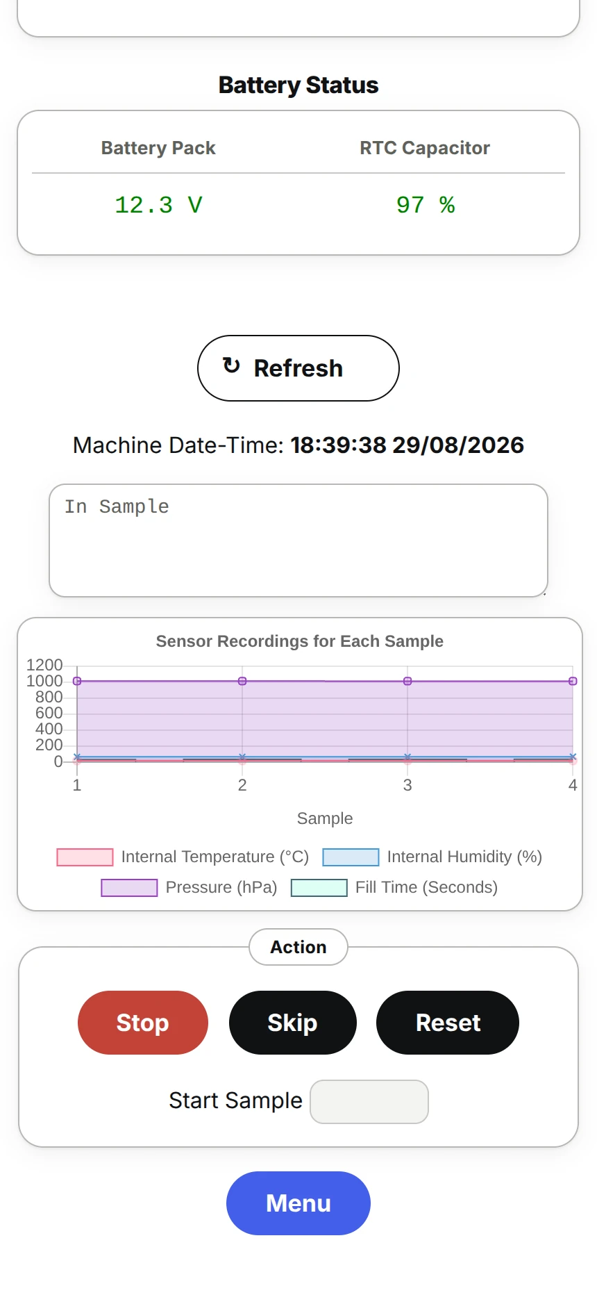 Firmware UI sensor log chart with Stop, Skip and Reset controls