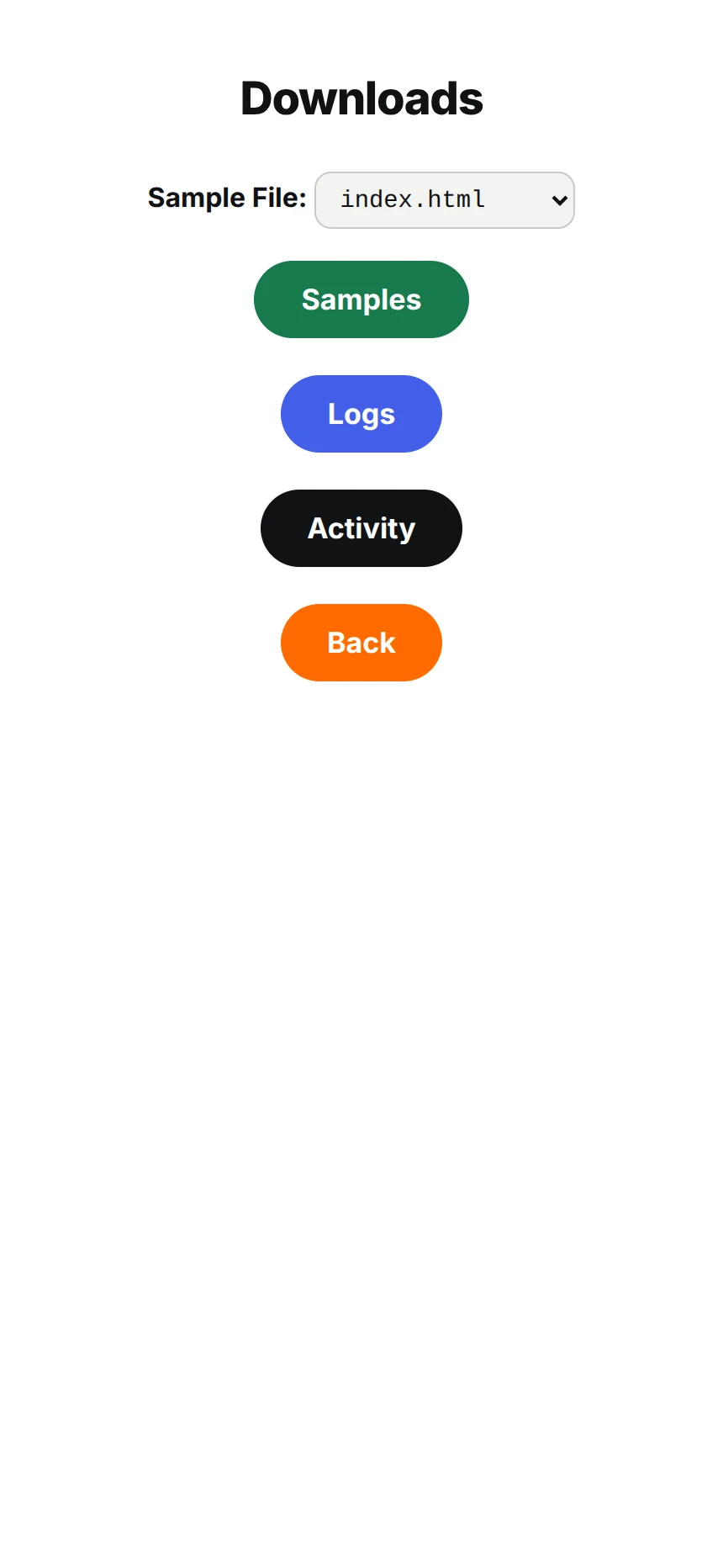 Firmware UI downloads screen for retrieving sample data and logs