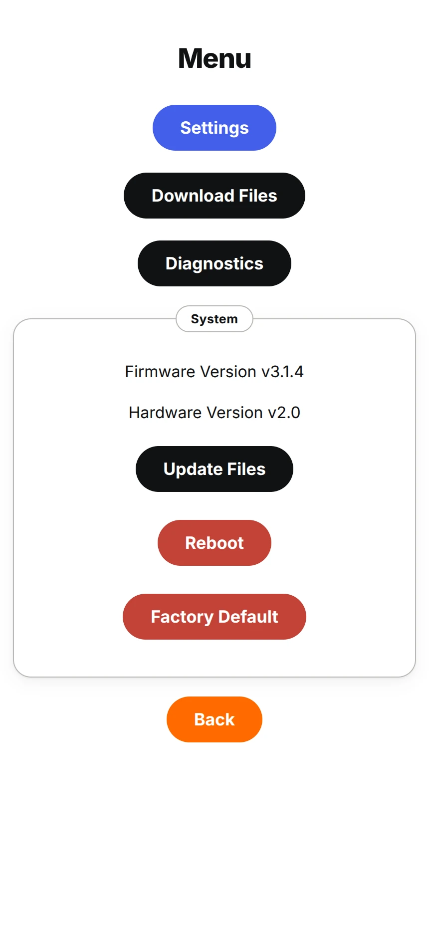 Firmware UI menu with settings, downloads, diagnostics and system controls