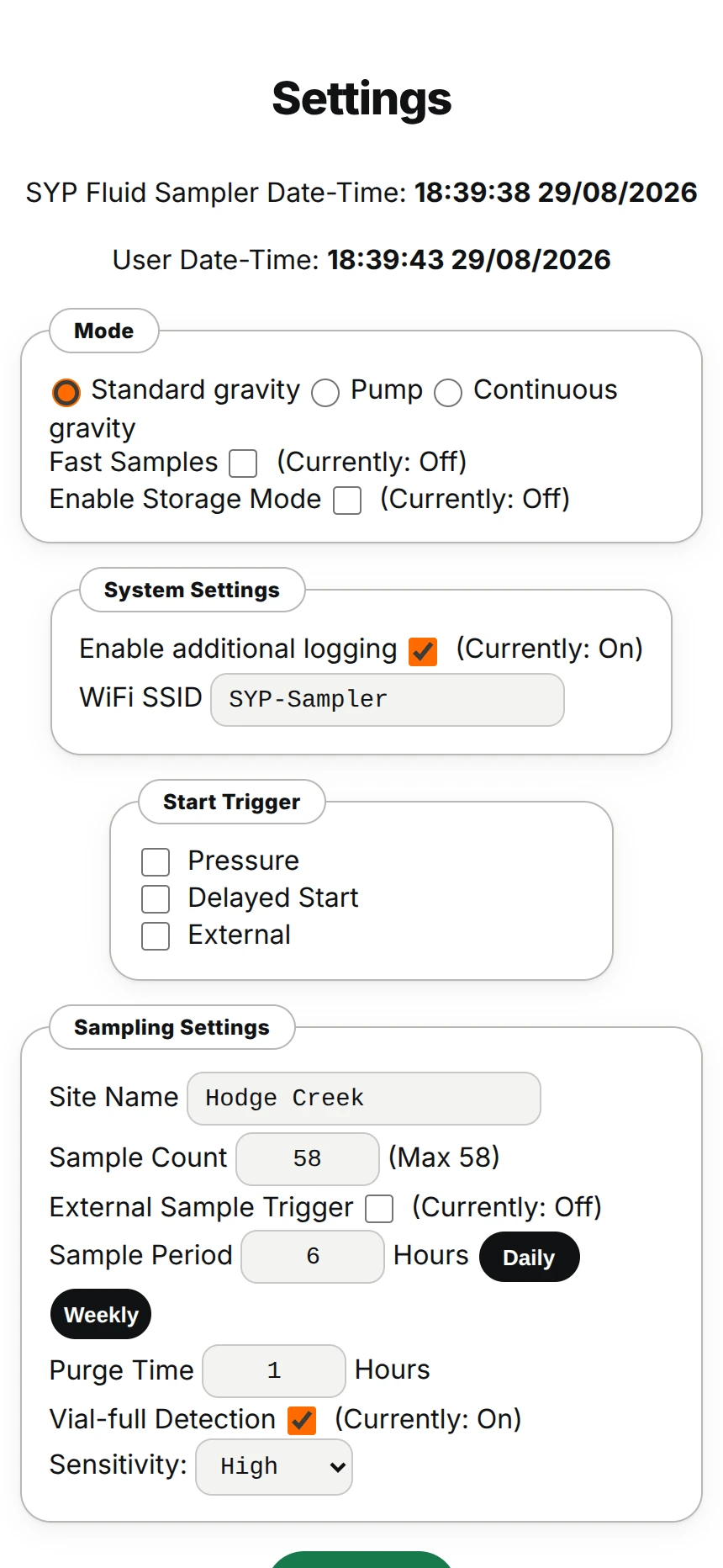 Firmware UI deployment settings: sampling mode, site name, sample count and period